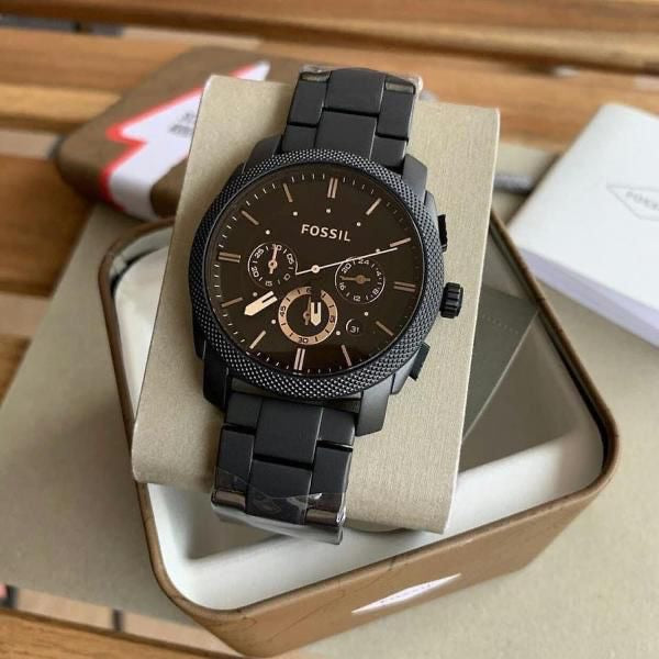 Chronograph Black Stainless Steel And Brown Leather And metal strap Watch