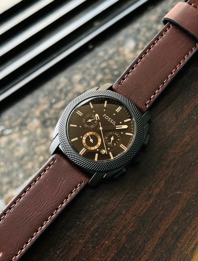 Chronograph Black Stainless Steel And  Brown Leather And metal strap  Watch