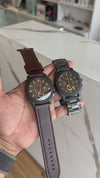 Chronograph Black Stainless Steel And  Brown Leather And metal strap  Watch